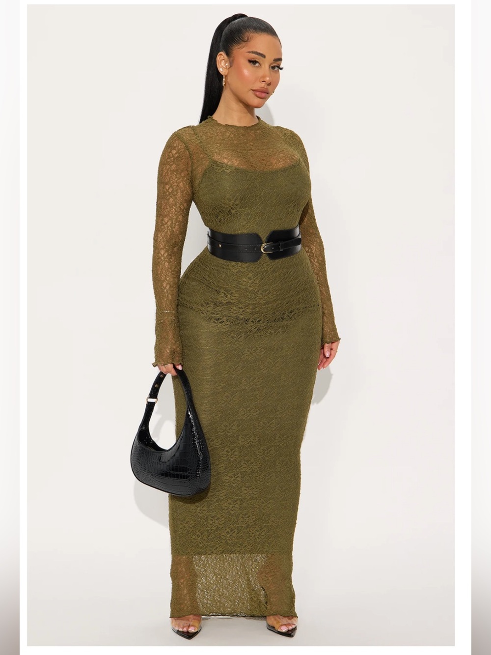 Olive Lace Long Sleeve Bodycon Maxi Dress